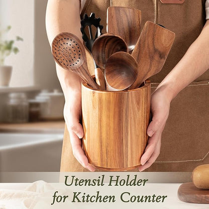Criusia Utensil Holder 2 Pack, 360° Rotating Acacia Wood Cooking Utensil Crocks for Kitchen Counter, Farmhouse & Modern Decor, (2 Large) - Image 8