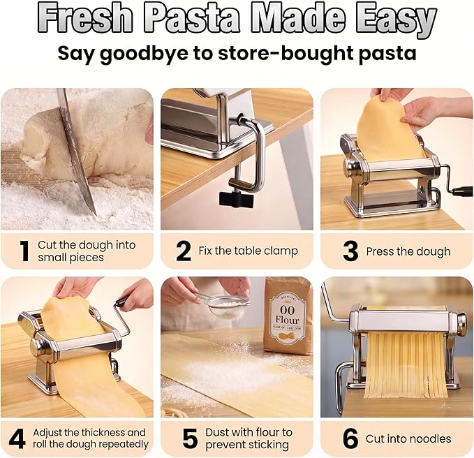 Sailnovo 3 in 1 Pasta Maker Machine - 9 Adjustable Thickness Settings Aluminum Alloy Pasta Roller & 2 Width Cutters for Fresh Spaghetti, Fettuccini, Lasagna, Dumplings - Stainless Steel, Silver