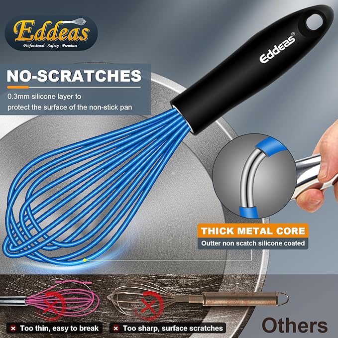 Eddeas Silicone Whisk, Non Scratch Whisk for Cooking, 5+7+9+11in Balloon Whisks, Suitable for Mixing, Blending. 11in Flat Whisks great for Ceramic Coated pans and Wider shallower pots. (Blue) - Image 2