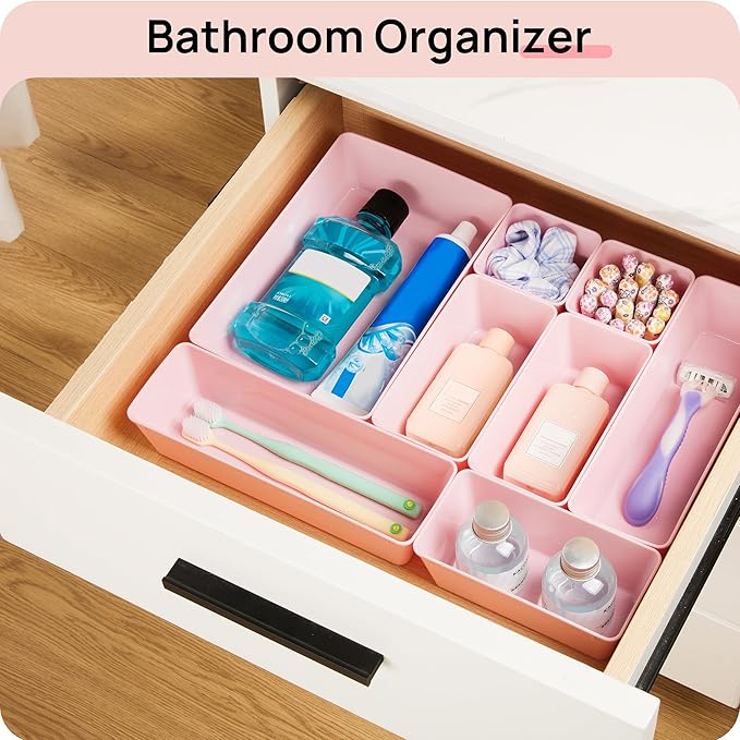 Vtopmart 44 PCS Plastic Drawer Organizers Set, 4-Size Versatile Bathroom and Vanity Organizer Trays, Non-Slip Storage Containers for Makeup, Jewelries, Bedroom，Kitchen Utensils and Office, Pink - Image 5