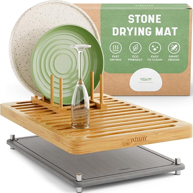 NIUM Stone Drying Mat for Kitchen Counter & Bamboo Rack - 16″x12″ - Diatomaceous Earth Dish drying mat Ultra Absorbent & Fast Drying - EcoFriendly with Non-Slip Pads & Anti-Moisture Design by Elevateyoureveryday