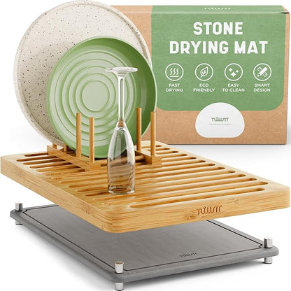 NIUM Stone Drying Mat for Kitchen Counter & Bamboo Rack - 16″x12″ - Diatomaceous Earth Dish drying mat Ultra Absorbent & Fast Drying - EcoFriendly with Non-Slip Pads & Anti-Moisture Design by Elevateyoureveryday