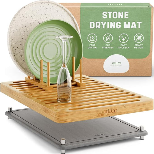 NIUM Stone Drying Mat for Kitchen Counter & Bamboo Rack - 16″x12″ - Diatomaceous Earth Dish drying mat Ultra Absorbent & Fast Drying - EcoFriendly with Non-Slip Pads & Anti-Moisture Design by Elevateyoureveryday