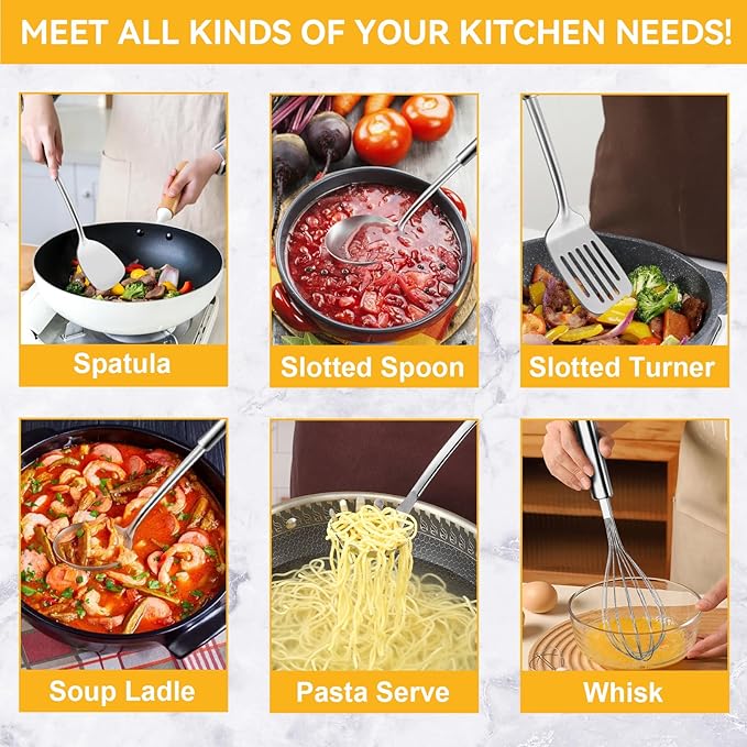 Stainless Steel Kitchen Cooking Utensils Set of 7 - Kitchen Utensils with Hanging Rack, Spatula, Slotted Turner, Soup Ladle, Slotted Spoon, Whisk, Pasta Server, Holder, Dishwasher Safe - Image 4