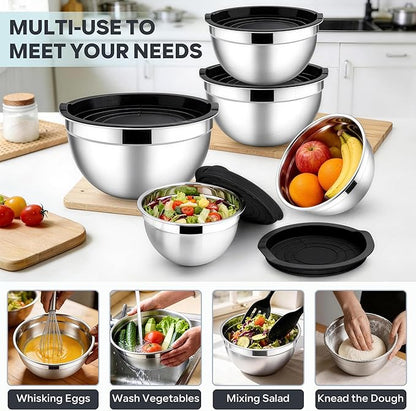 E-far Mixing Bowls With Lids Sets of 5, 10-Piece Stainless Steel Salad Metal Nesting Bowl for Baking Cooking and Prepping, Airtight Lid & Stackable Design, Size 4.6, 3, 2.1, 1.5, 0.7 QT, Black - Image 5