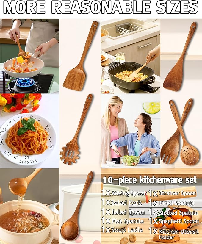 Wooden Spoons for Cooking,Wooden Cooking Utensil Set,10-Piece Wooden Kitchen Utensil Set with Wooden Spoons(A10) - Image 4