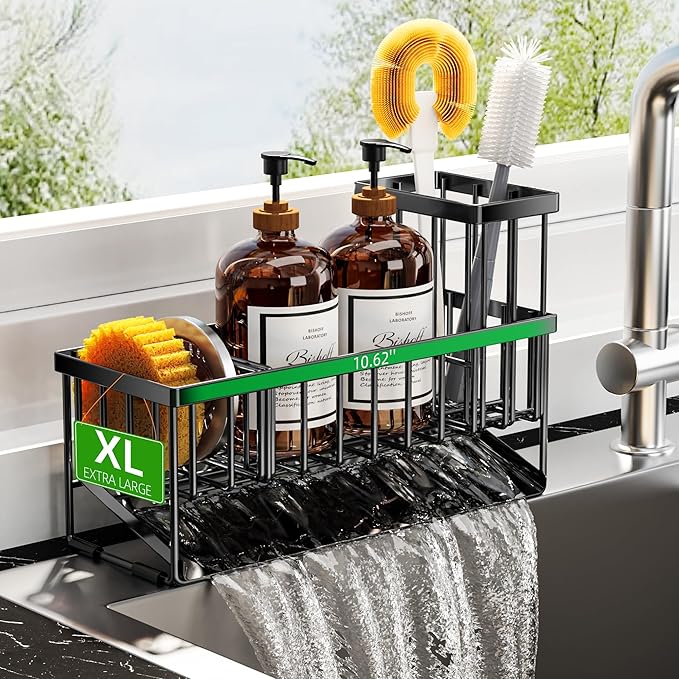 Cisily Extra Large Kitchen Sink Caddy Organzier with High Brush Holder, Sponge Holder for Sink, 304 Rustproof Stainless, Kitchen Countertop Soap Dispenser Organizer For Decor and Accessories by CISILYHOMELIFE