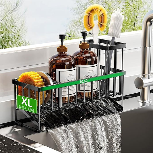 Cisily Extra Large Kitchen Sink Caddy Organzier with High Brush Holder, Sponge Holder for Sink, 304 Rustproof Stainless, Kitchen Countertop Soap Dispenser Organizer For Decor and Accessories by CISILYHOMELIFE