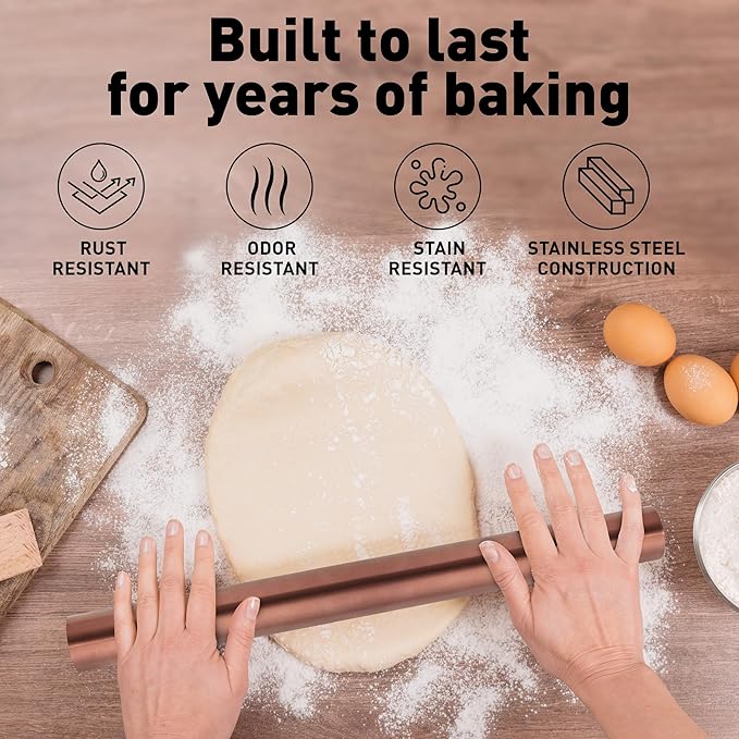 Zulay Kitchen 15.9 inch Professional Stainless Steel Rolling Pin - Lightweight Metal French Rolling Pin - Perfect for Baking, Fondant, Pizza Dough Roller, Dumpling - Copper - Image 3