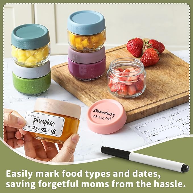 NETANY 6 Pack 4 oz Glass Baby jars with Airtight Lids, Glass Baby Food Storage Containers,Overnight Oats Containers with Lids | Microwave, Dishwasher & Freezer Safe | Includes 10 Labels - Image 4