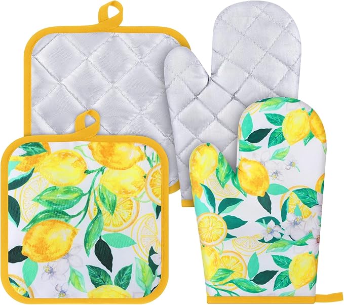 4 Pcs Oven Mitts and Pot Holders Cute Lemon Oven Gloves and Pot Holders Heat Resistant Non Slip Ovens Mitts for Cooking Baking Accessories Fruit Themed Kitchen Linens, 6"x12" by Unknown