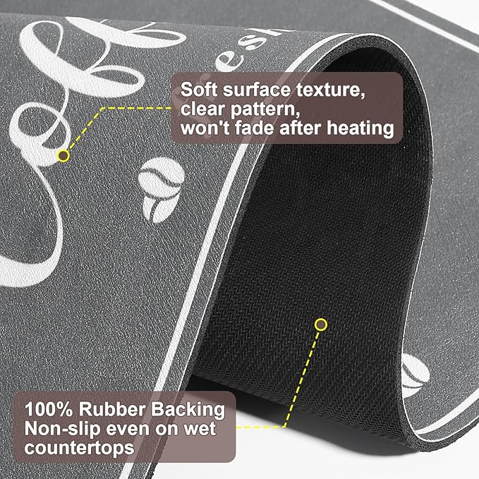 CooRug Absorbent Coffee Mat, Fashion Dish Drying Mat for Kitchen Counter Coffee Bar Accessories Espresso Machine Dish Rack 17" x 32" Dark Grey - Image 8