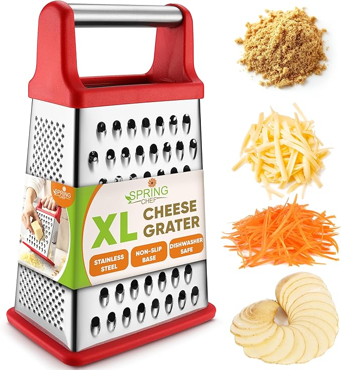 Spring Chef Professional Cheese Grater - Stainless Steel 4 Sided Box Grater for Kitchen, XL Size - Perfect Shredder for Parmesan Cheese, Carrot, Potato, Ginger - Dishwasher Safe - Red by SpringChef