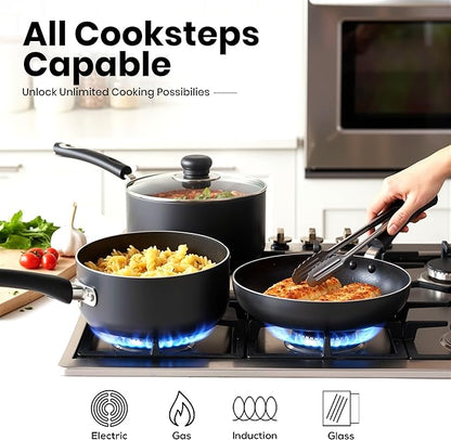 KICHLY 8 Piece Pots and Pans Set, Non Stick Kitchen Cookware Set with 20cm & 28cm Frying Pans and 16cm, 18cm, 20cm Saucepans with Lids, Induction Compatible Pots and Pans Set Non Stick, Black