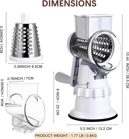 Rotary Cheese Grater Hand Crank, Vegetable Slicer with 3 Blades, Stable Suction, Labor-Saving Handle, Cheese Shredder for Potato Vegetables Nuts Chocolate, White