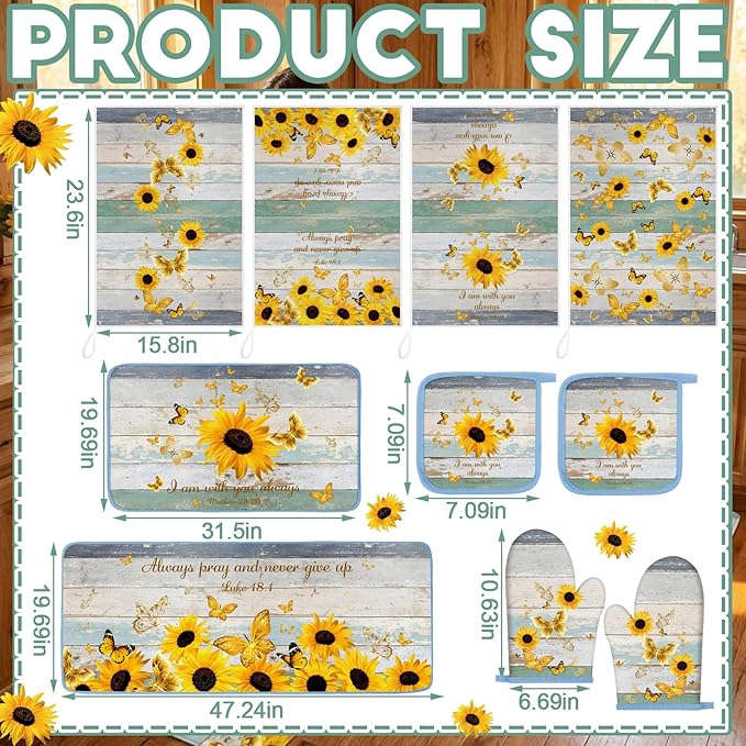 Fourluoo 10 Pcs Sunflower Kitchen Decor and Accessories Set Sunflower Kitchen Towels and Rugs Oven Mitts and Pot Holders for Cooking Baking Mom Housewarming Gifts - Image 3