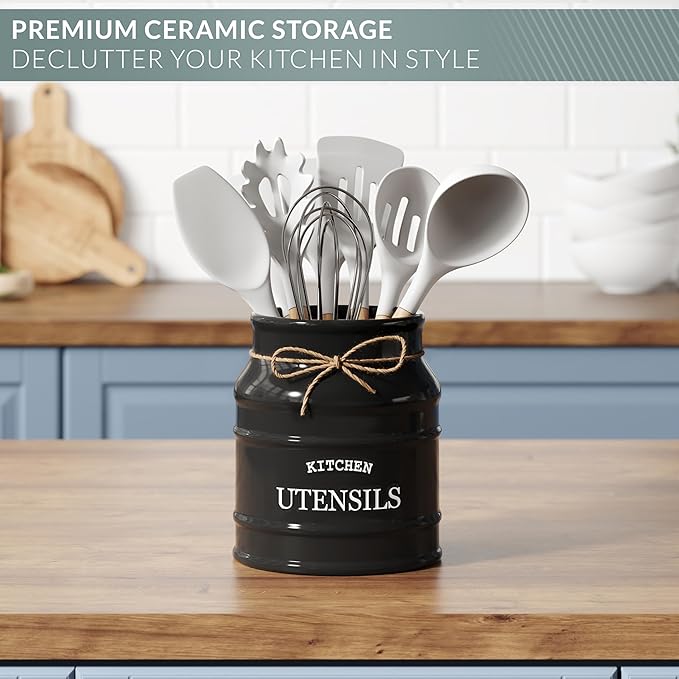 Barnyard Designs Ceramic Farmhouse Utensil Holder for Kitchen Counter, Large Rustic Utensil Crock, Countertop Cooking Tool Spatula Organizer, 6.75” (Black) - Image 4