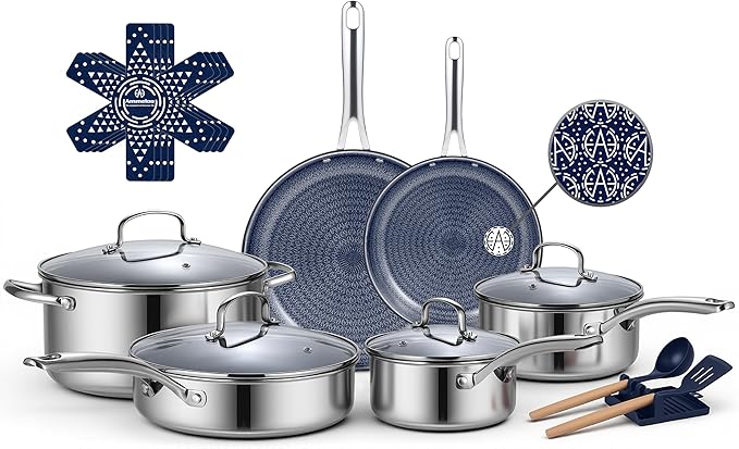 Ammeloo Hybrid Stainless Steel Cookware Set, 17-Piece Tri-Ply Pots and Pans Set Non Stick, Induction Kitchen Cookware Sets, Dishwasher & Oven Safe, PFOA Free, All Cooktops Compatible, Navy Blue by Unknown
