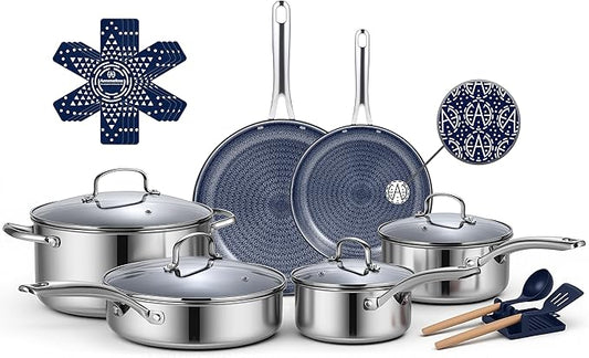 Ammeloo Hybrid Stainless Steel Cookware Set, 17-Piece Tri-Ply Pots and Pans Set Non Stick, Induction Kitchen Cookware Sets, Dishwasher & Oven Safe, PFOA Free, All Cooktops Compatible, Navy Blue by Unknown