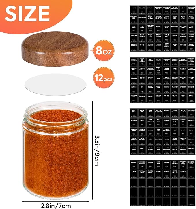 Yangbaga 12Pcs Glass Spice Jars with Labels-8oz Acacia Wood Lid Square Spice Containers,Seasoning Jars for Rack Cabinet Drawer,KitchenPantry Daily Use - Image 2