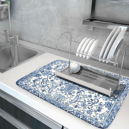 Chinoiserie Floral Dish Drying Mat for Kitchen Counter Blue and White Flowers Pattern Dish Drying Pad 18”x24”Absorbent Reversible Seasonal Decor Dishes Drainer Pad Dish Dry Rack Mat for Counter top