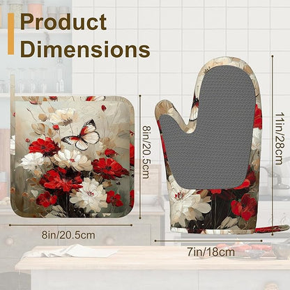 Oven Mitts and Pot Holders White Red Flower Silicone Kitchen Accessories Set of 4 Heat Resistant Gloves Butterfly Potholder Non-Slip Grip for Chef Cooking Baking Grilling BBQ