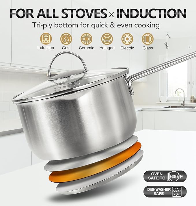 MICHELANGELO Stainless Steel Saucepan with Lid & Pour Spout 1QT & 2QT & 3QT, Tri-Ply Bottom Sauce Pan Set, Sauce Pot Set - 6 Pcs - Image 4