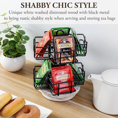 MyGift 8 Compartment Tea Bag Organizer Carousel, Black Metal Wire Packet Holder and 360 Degree Spinning White Washed Solid Wood Base, Coffee Station Storage Caddy