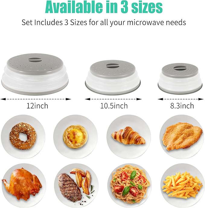 3 Pack Collapsible Microwave Food Covers, Splatter Guard,Vented Microwave Lid for Food, BPA free TPR, Dishwasher safe,Gray，Large, Medium, Small - Image 2