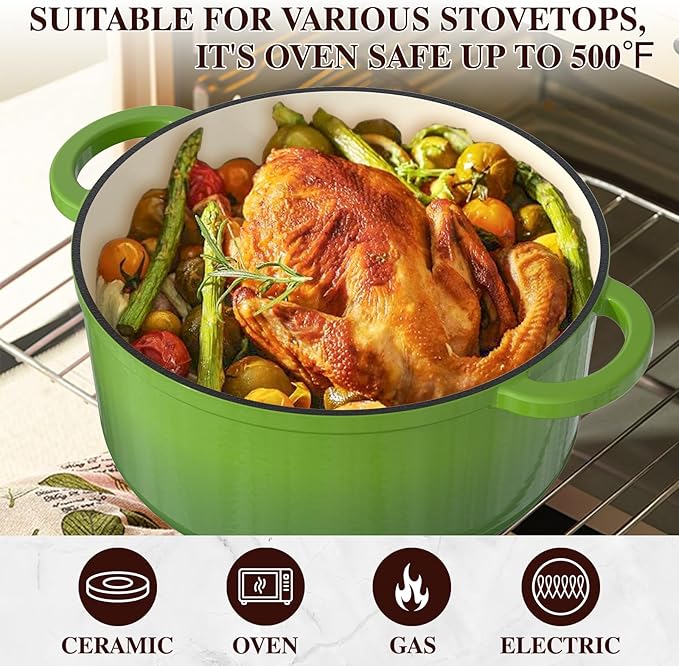 Umite Chef 7QT Enameled Cast Iron Dutch Oven with Lid & Cotton Potholders–Heavy-Duty Cookware for Bread Baking, Braising, Stews, Marinate, Cook,Refrigerate & Serve(Green) - Image 5