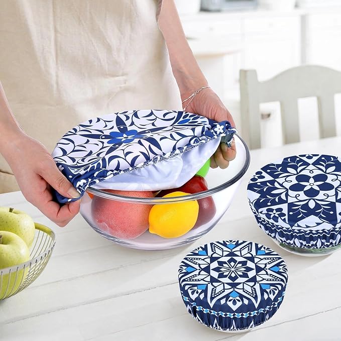 5 Pieces Bowl Covers Reusable, 5 Size Elastic Cloth Bowl Covers for Bread Proofing Stretch Food Covers Washable for Food Fruits Leftover (Geometric Floral) - Image 5