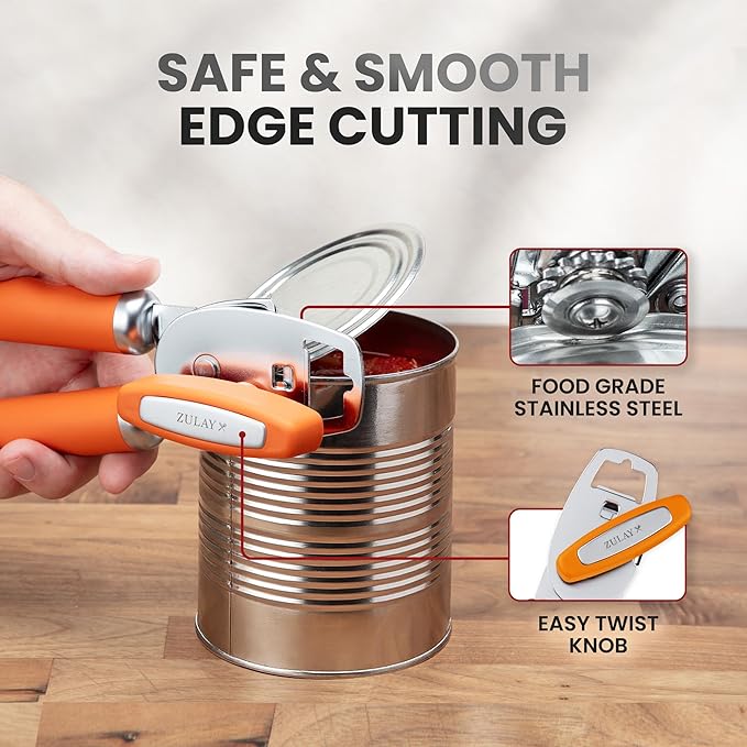 Zulay Kitchen Heavy Duty Stainless Steel Can Opener Manual with Bottle Opener - Rust Proof Manual Can Opener With Turn Knob & Comfy Soft Grip Handles - Orange - Image 4