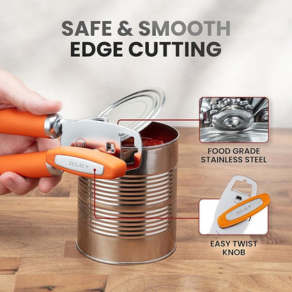 Zulay Kitchen Heavy Duty Stainless Steel Can Opener Manual with Bottle Opener - Rust Proof Manual Can Opener With Turn Knob & Comfy Soft Grip Handles - Orange - Image 4
