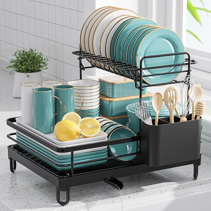 Sakugi Dish Drying Rack - X-Large Stainless Steel Dish Rack for Kitchen Counter, 2-Tier Kitchen Organizers and Storage for Dishes, Bowls, Cutlery, Black by Sakugi