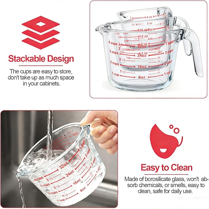 M MCIRCO 6 Pcs Glass Measuring Cups with Lids Set, 1-Cup, 2-Cup, 4-Cup Measuring Jugs with Handle, Nesting Liquid Measuring Cups for Kitchen - Image 4