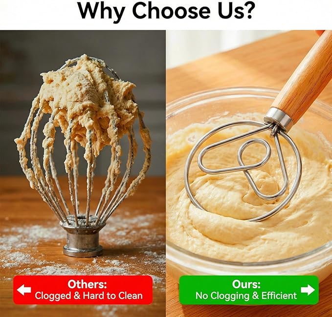 TEEVEA Danish Dough Whisk for Sourdough Bread, Wooden Handle Stainless Steel Mixing Tool - Image 2