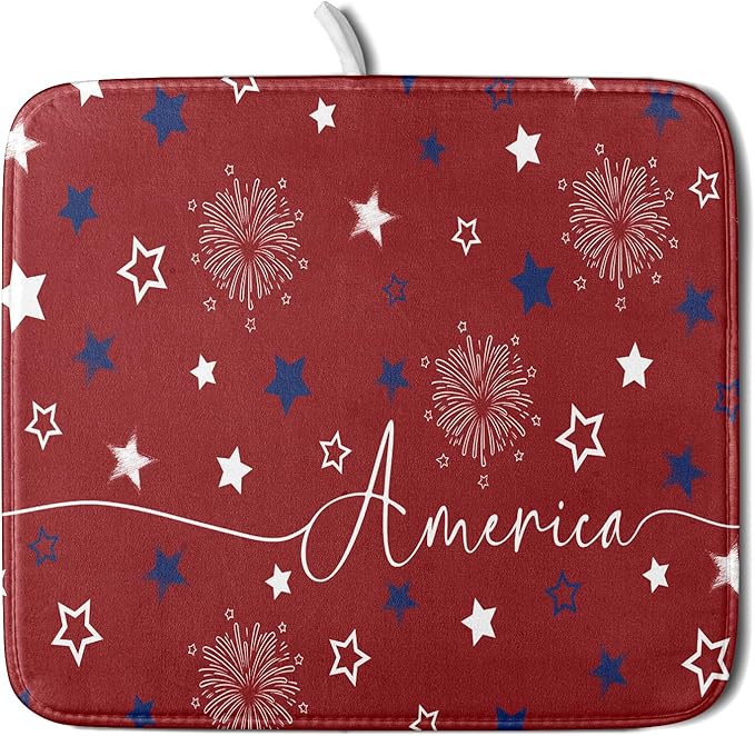 Giwawa 4th of July Dish Drying Mat 16"x18" Patriotic Usa Stars America Firework Dish Drainer Mats Independece Day Reversible Microfiber Dish Drying Pad for Kitchen Countertop Small Decor