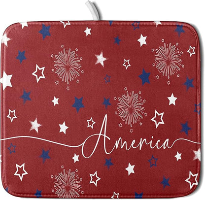 Giwawa 4th of July Dish Drying Mat 16"x18" Patriotic Usa Stars America Firework Dish Drainer Mats Independece Day Reversible Microfiber Dish Drying Pad for Kitchen Countertop Small Decor
