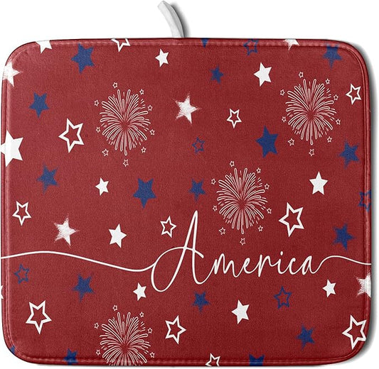 Giwawa 4th of July Dish Drying Mat 16"x18" Patriotic Usa Stars America Firework Dish Drainer Mats Independece Day Reversible Microfiber Dish Drying Pad for Kitchen Countertop Small Decor