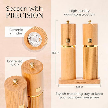 Wooden Salt and Pepper Grinder Set – Refillable Manual Salt and Pepper Mills with Adjustable Ceramic Burrs, Gold Detailing, and Wood Stand - Image 4