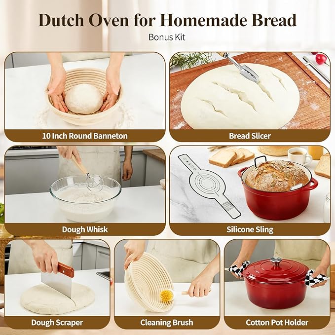 Enameled Cast Iron Dutch Oven with Lid -6.5 QT, incl. Sourdough Bread-Baking Supplies like Banneton Proofing Basket, Heavy Duty Cookware Bread-Oven for Baking, Stews, and Roasting, Cherry Red - Image 4