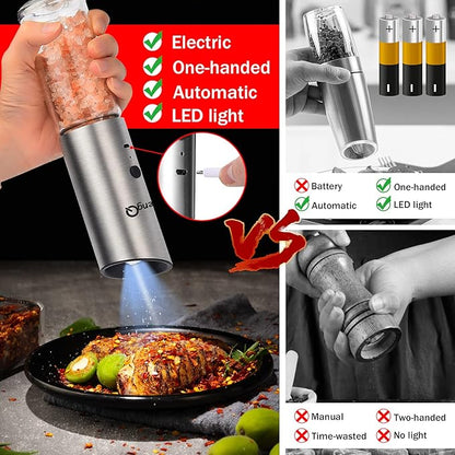 Gravity Electric Salt and Pepper Grinders refillable 1 Pack,USB Rechargeable Kitchen Electric Pepper Grinder with Light - Gravity Switch, Coarseness Adjustable Tall Glass Salt and Pepper Grinder - Image 2