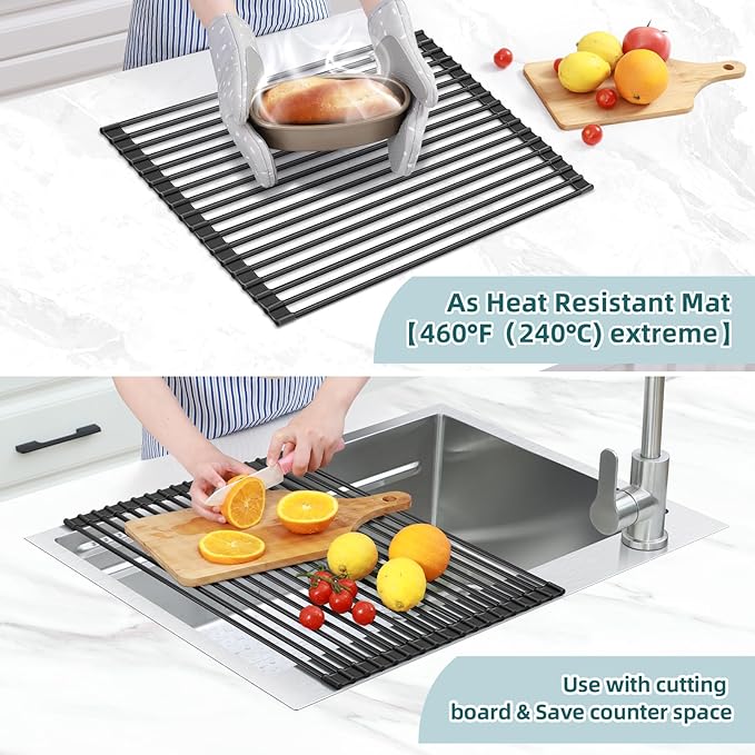 Ohuhu Over The Sink Dish Drying Rack, 20.5" W x 13.1" L Rolling Dish Drainer Foldable Sink Accessories Heat-Resistant Mat Anti-Slip Silicone Coated Dish Racks for Kitchen Counter - Image 4