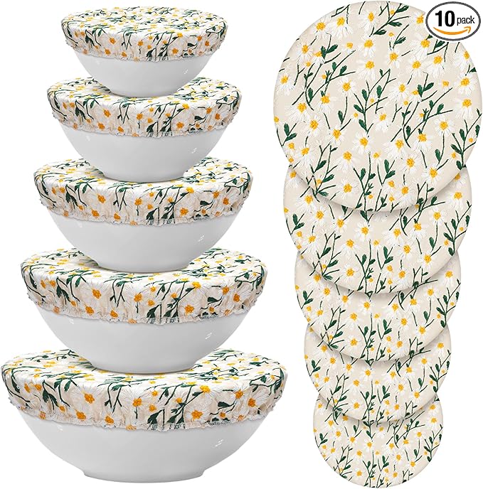Patelai 10 Pcs Bowl Covers Reusable in 5 Size Stretch Cloth Fabric Elastic Food Storage Bowl Covers Bread Sourdough Lids for Proofing Food Fruits Leftover(Yellow, Green, White,Chrysanthemum) by Patelai
