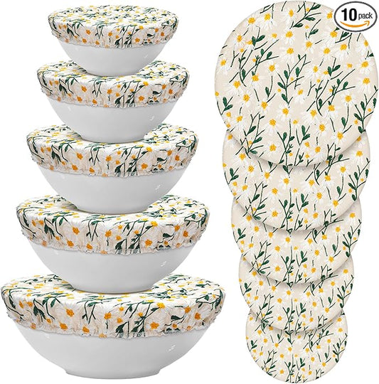 Patelai 10 Pcs Bowl Covers Reusable in 5 Size Stretch Cloth Fabric Elastic Food Storage Bowl Covers Bread Sourdough Lids for Proofing Food Fruits Leftover(Yellow, Green, White,Chrysanthemum) by Patelai