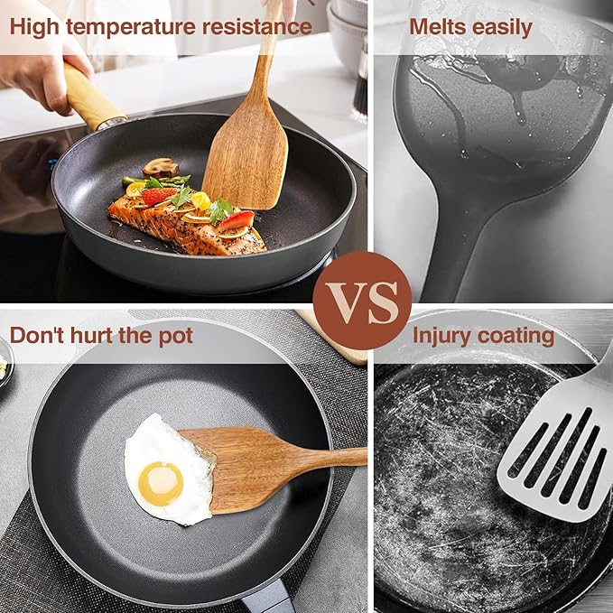 Wooden Cooking Utensils, 6 Pieces Natural Acacia Wooden Spoons For Cooking with Non Stick & Heat Resistant Design, Wooden Kitchen Utensil Set with Hanging Hole for Stirring, Mixing, Cooking - Image 3