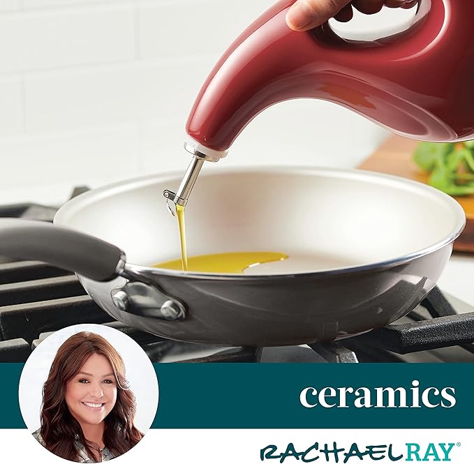 Rachael Ray Ceramic EVOO Oil and Vinegar Dispensing Bottle with Spout, 24 Ounce - Cranberry Red - Image 6