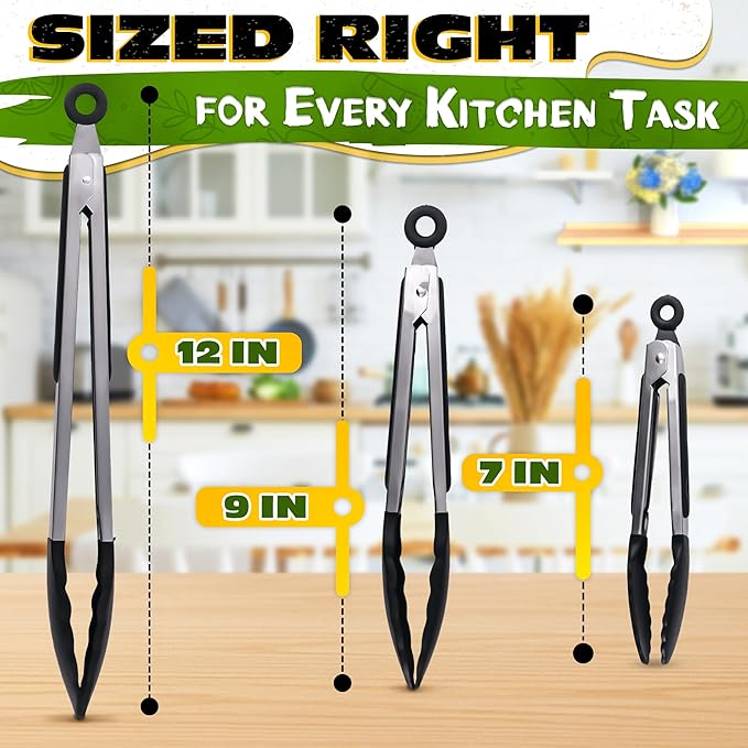 Kitchen Tongs Set of 3-7/9/12" Silicone Tipped Tongs for Cooking with Stainless Steel Build for Heat Resistant Handling, Non Stick & Easy-Lock Storage – Versatile Set for Meat Flipping & Salad Prep - Image 2