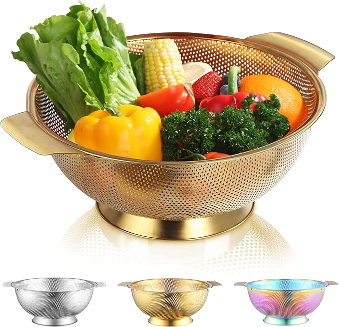Kyraton Gold Colander 5 Quart, Professional Titanium Gold Plating Stainless Steel Strainer with Heavy Duty Handles and Self Draining Solid Ring Base, Easy Clean and Dishwasher Safe
