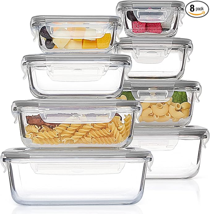 Vtopmart 8 Pack Glass Food Storage Containers with Airtight Lids, Glass Meal Prep Containers, Lunch Office Meal for Microwave, Oven, Freezer and Dishwasher, BPA Free by Vtopmart